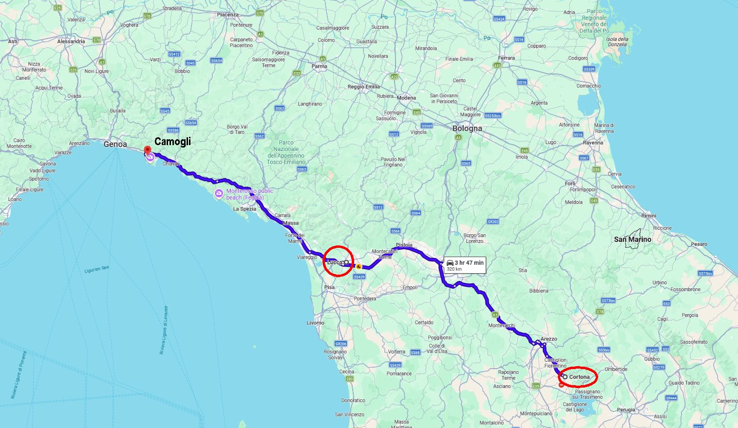 Cortona to Lucca to Camogli Map